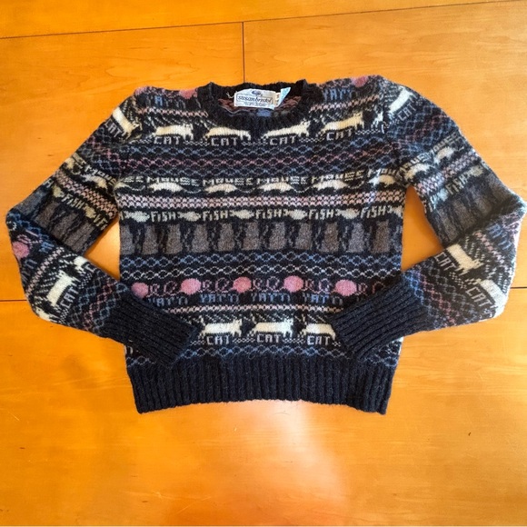 Susan Bristol 36 vintage shetland wool cat fish yarn crew sweater - Picture 1 of 7